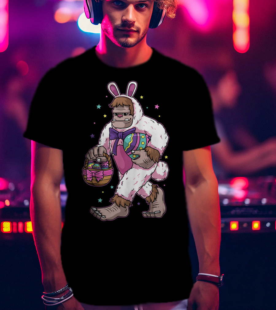 Kids Easter Bunny Bigfoot Sasquatch Basket Eggs Stars T-Shirt