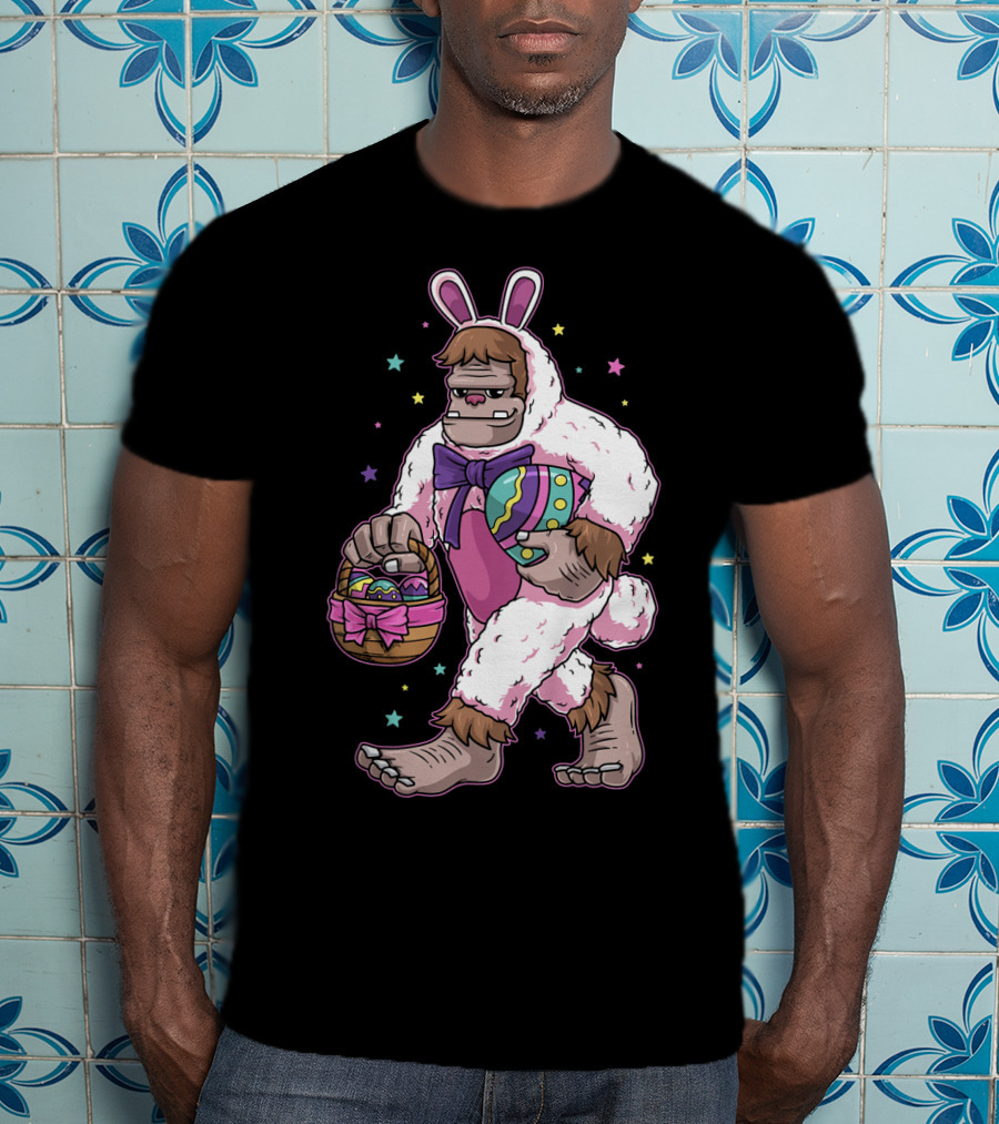 Kids Easter Bunny Bigfoot Sasquatch Basket Eggs Stars T-Shirt