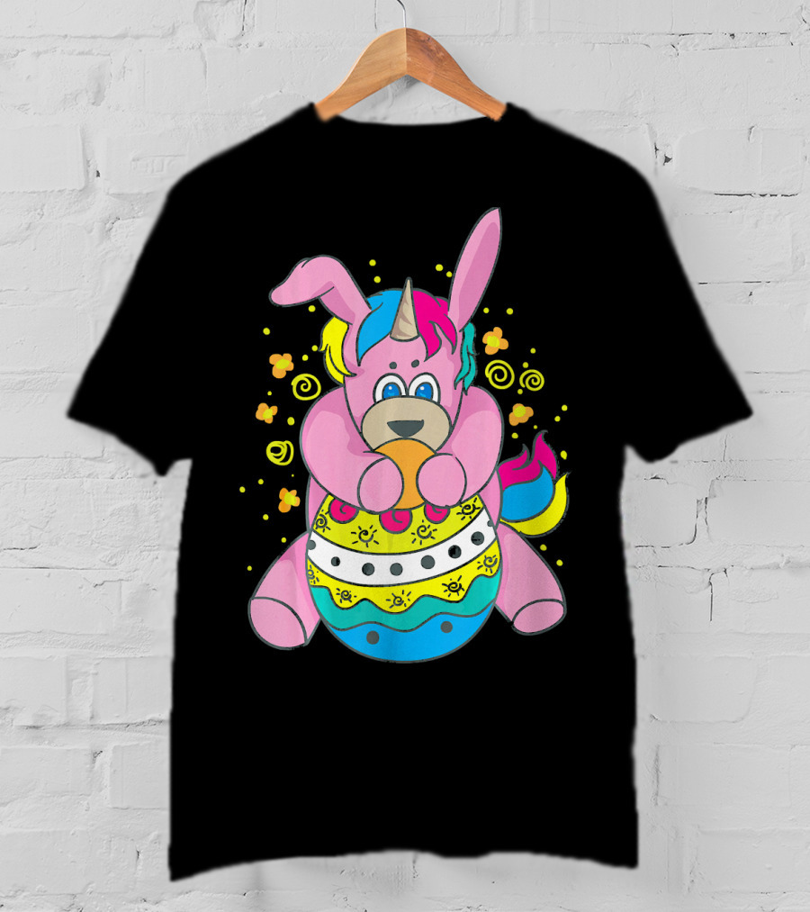 Bunny Unicorn Holding Easter Egg Surrounded By Flowers And Swirls T-Shirt