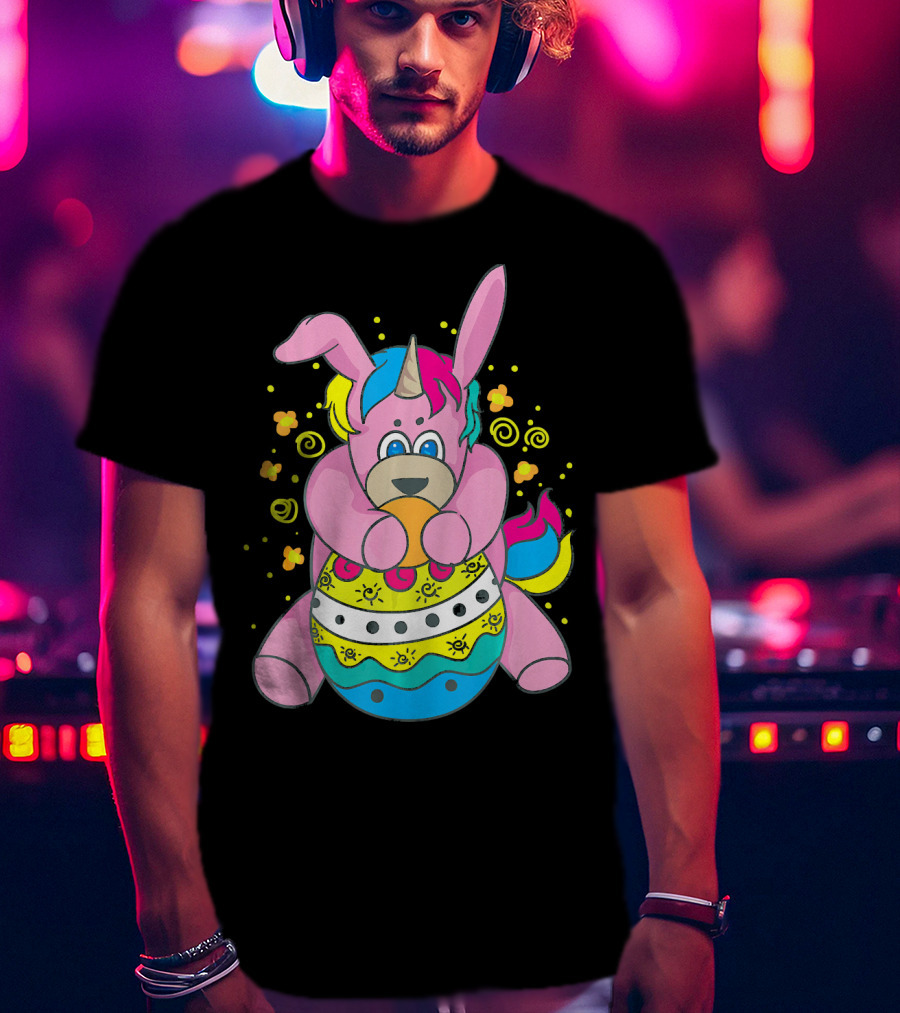 Bunny Unicorn Holding Easter Egg Surrounded By Flowers And Swirls T-Shirt