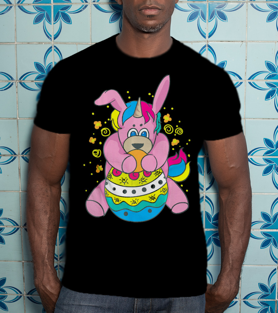 Bunny Unicorn Holding Easter Egg Surrounded By Flowers And Swirls T-Shirt