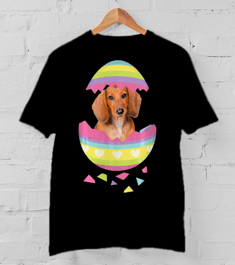Dachshund In Colorful Easter Egg With Heart Stripes T-Shirt
