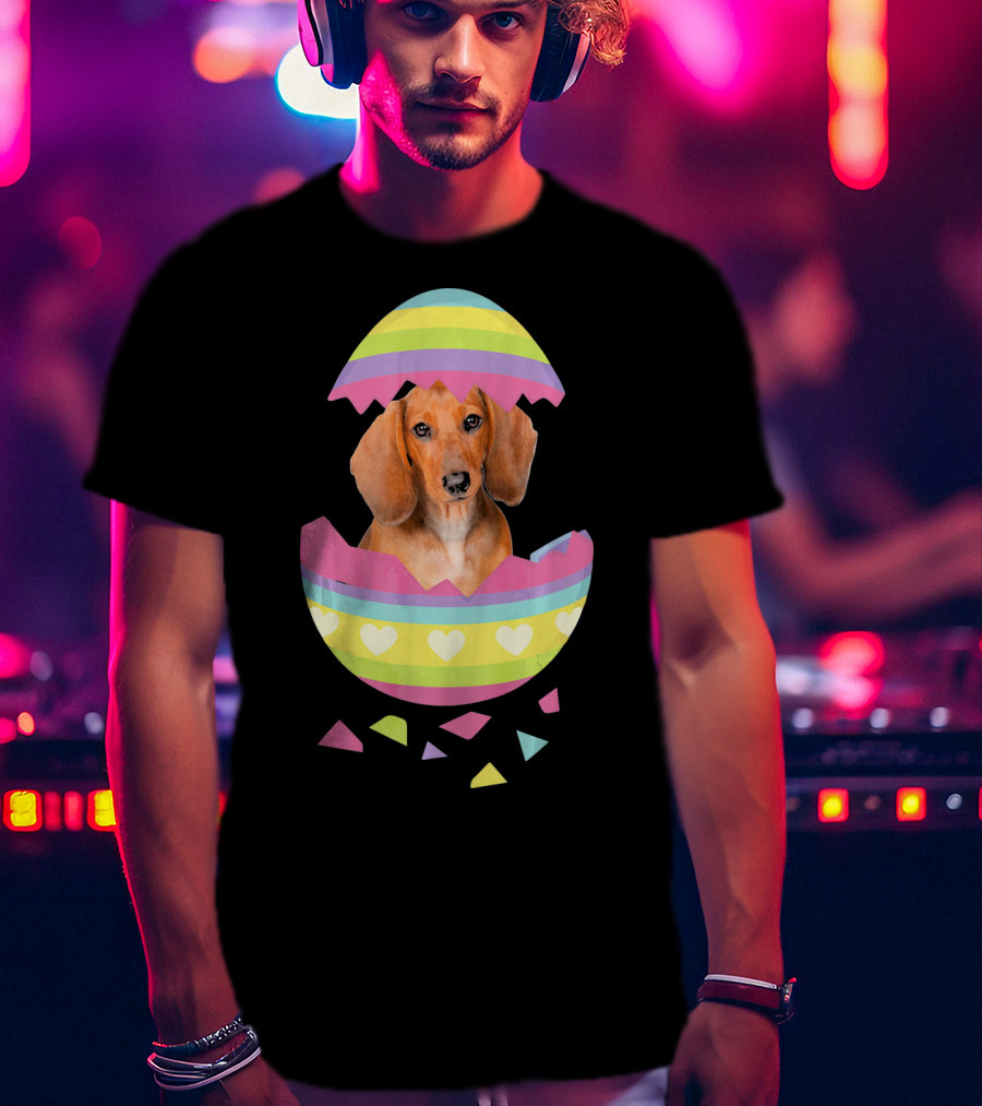 Dachshund In Colorful Easter Egg With Heart Stripes T-Shirt