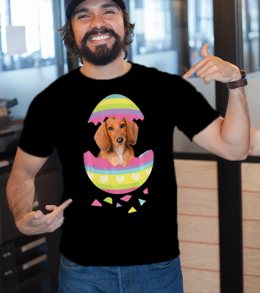 Dachshund In Colorful Easter Egg With Heart Stripes T-Shirt