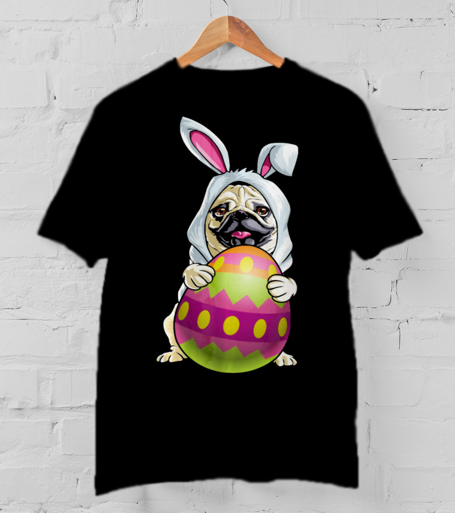 Pug Dressed As Easter Bunny Holding Colorful Easter Egg T-Shirt