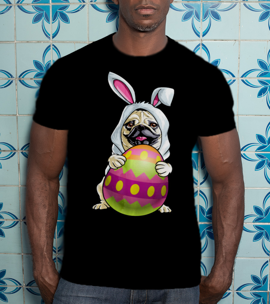 Pug Dressed As Easter Bunny Holding Colorful Easter Egg T-Shirt