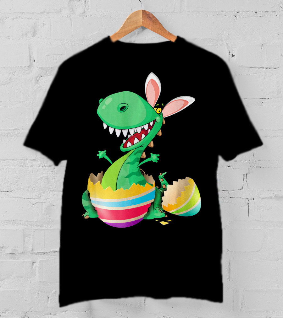 Easter Dinosaur Bunny Emerging From Striped Egg T-Shirt