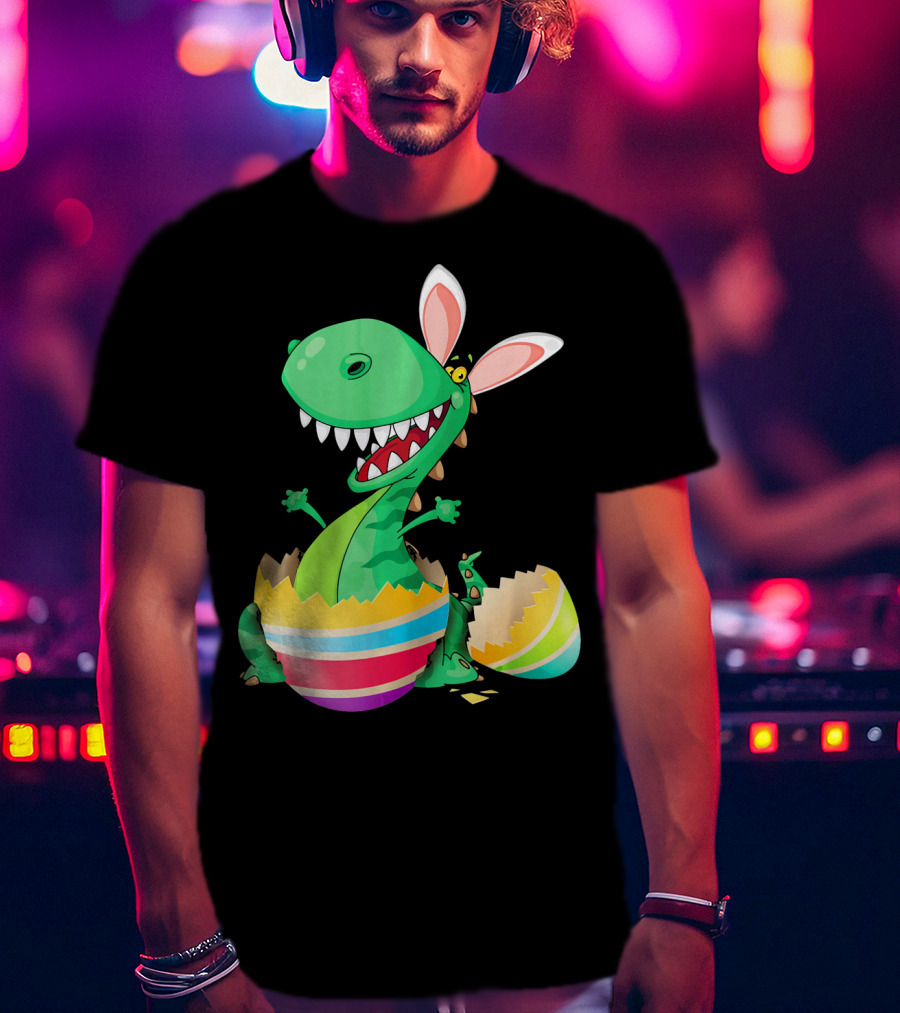 Easter Dinosaur Bunny Emerging From Striped Egg T-Shirt