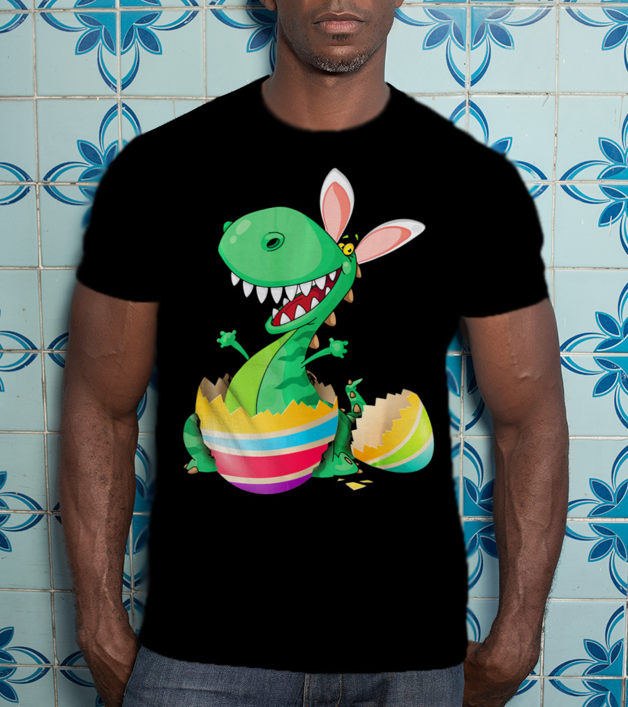 Easter Dinosaur Bunny Emerging From Striped Egg T-Shirt