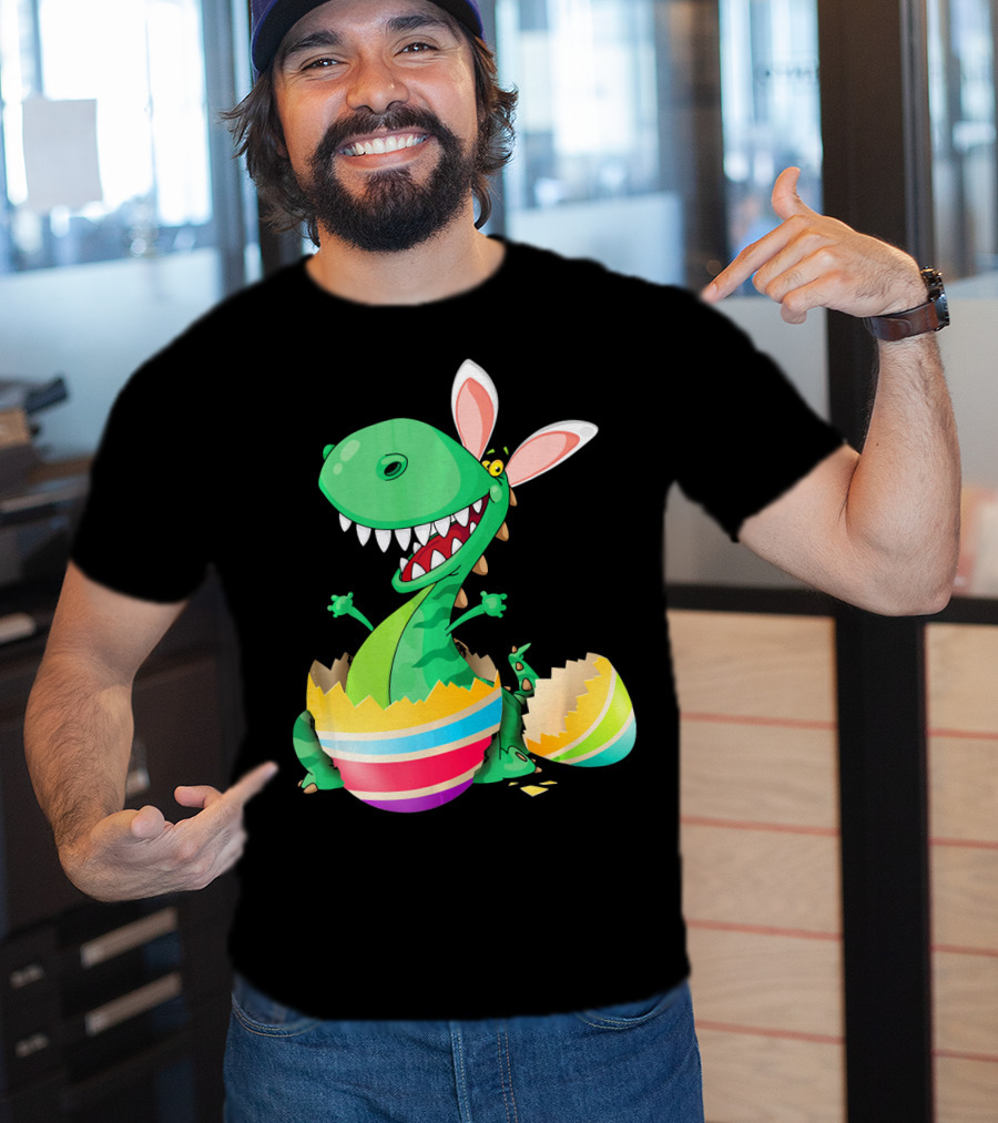 Easter Dinosaur Bunny Emerging From Striped Egg T-Shirt