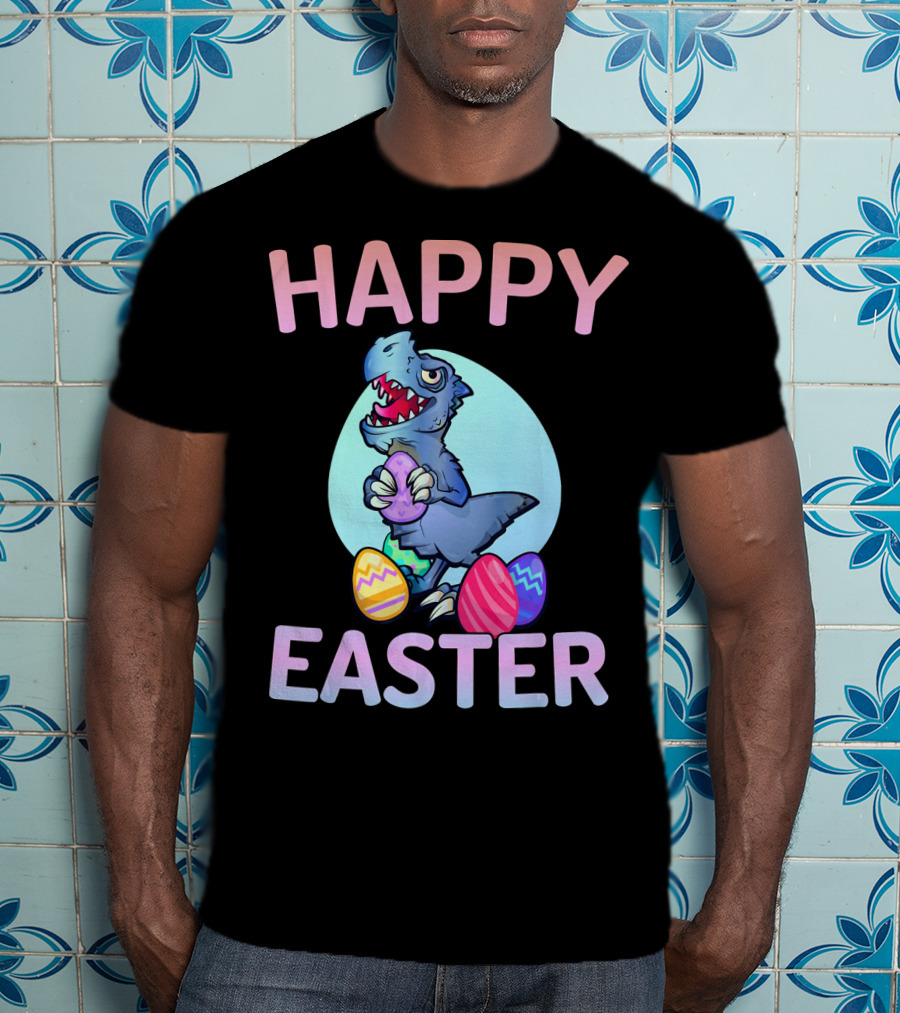 Happy Easter Dinosaur Rex With Colorful Eggs T-Shirt