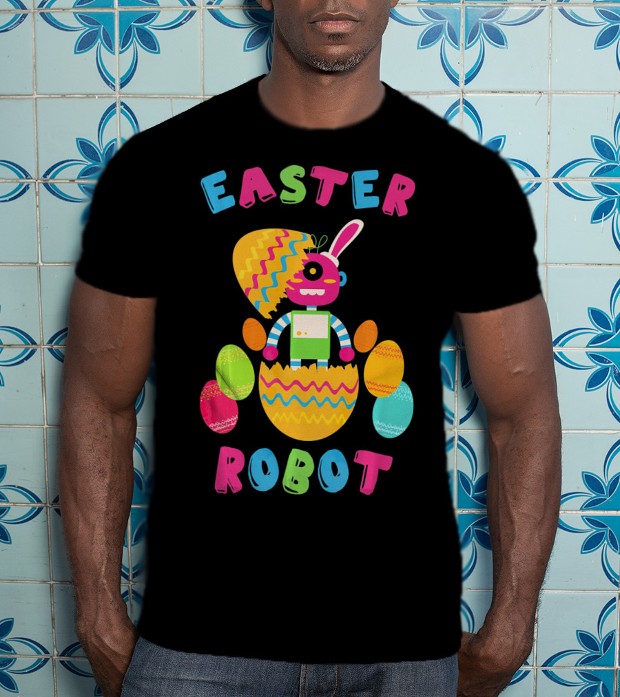 Easter Robot Bunny With Colorful Eggs T-Shirt