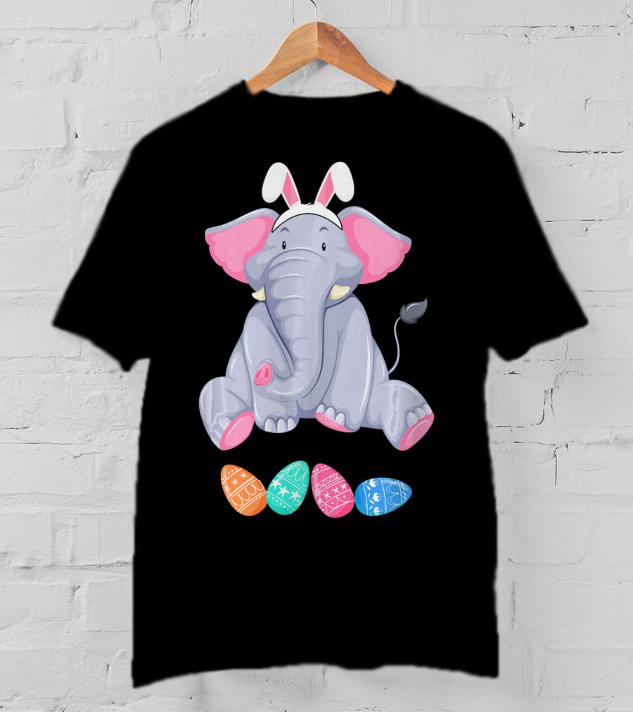 Funny Easter Elephant With Bunny Ears And Colorful Patterned Eggs T-Shirt