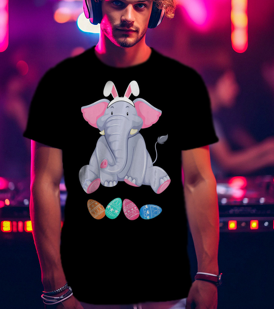 Funny Easter Elephant With Bunny Ears And Colorful Patterned Eggs T-Shirt