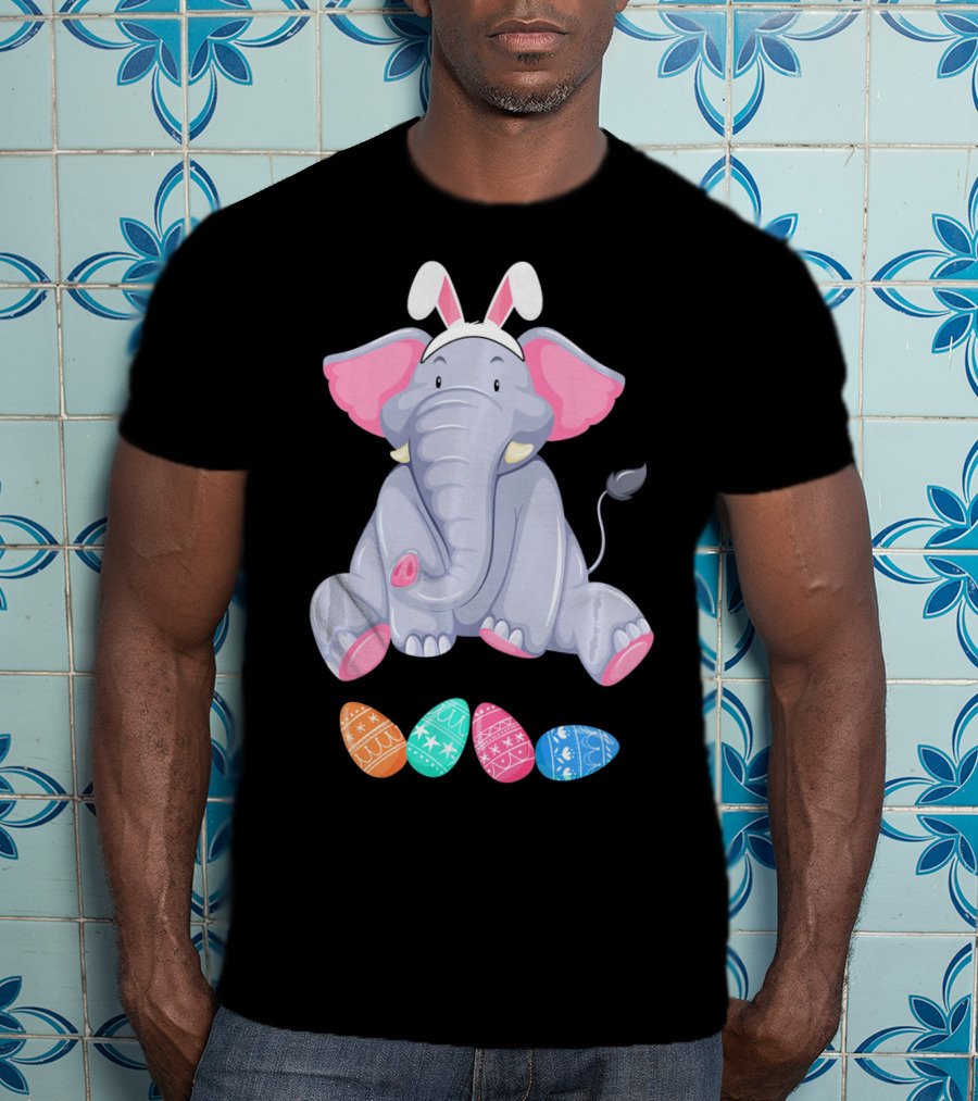 Funny Easter Elephant With Bunny Ears And Colorful Patterned Eggs T-Shirt