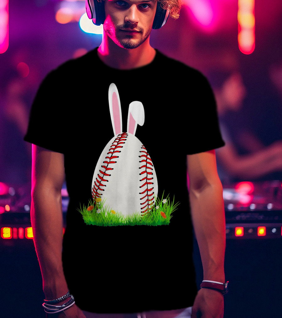 Cute Easter Bunny Baseball Egg With Ears On Grass T-Shirt