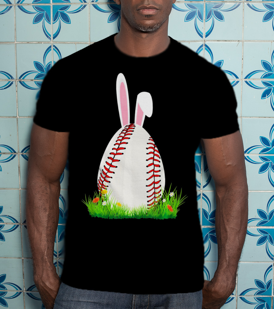 Cute Easter Bunny Baseball Egg With Ears On Grass T-Shirt