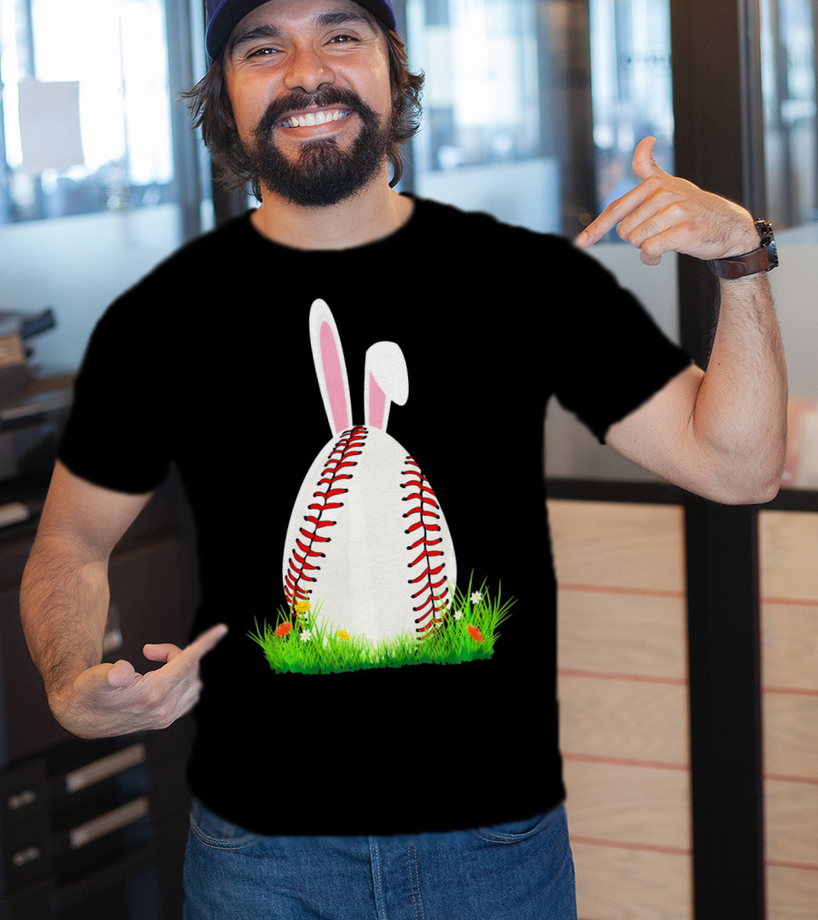 Cute Easter Bunny Baseball Egg With Ears On Grass T-Shirt
