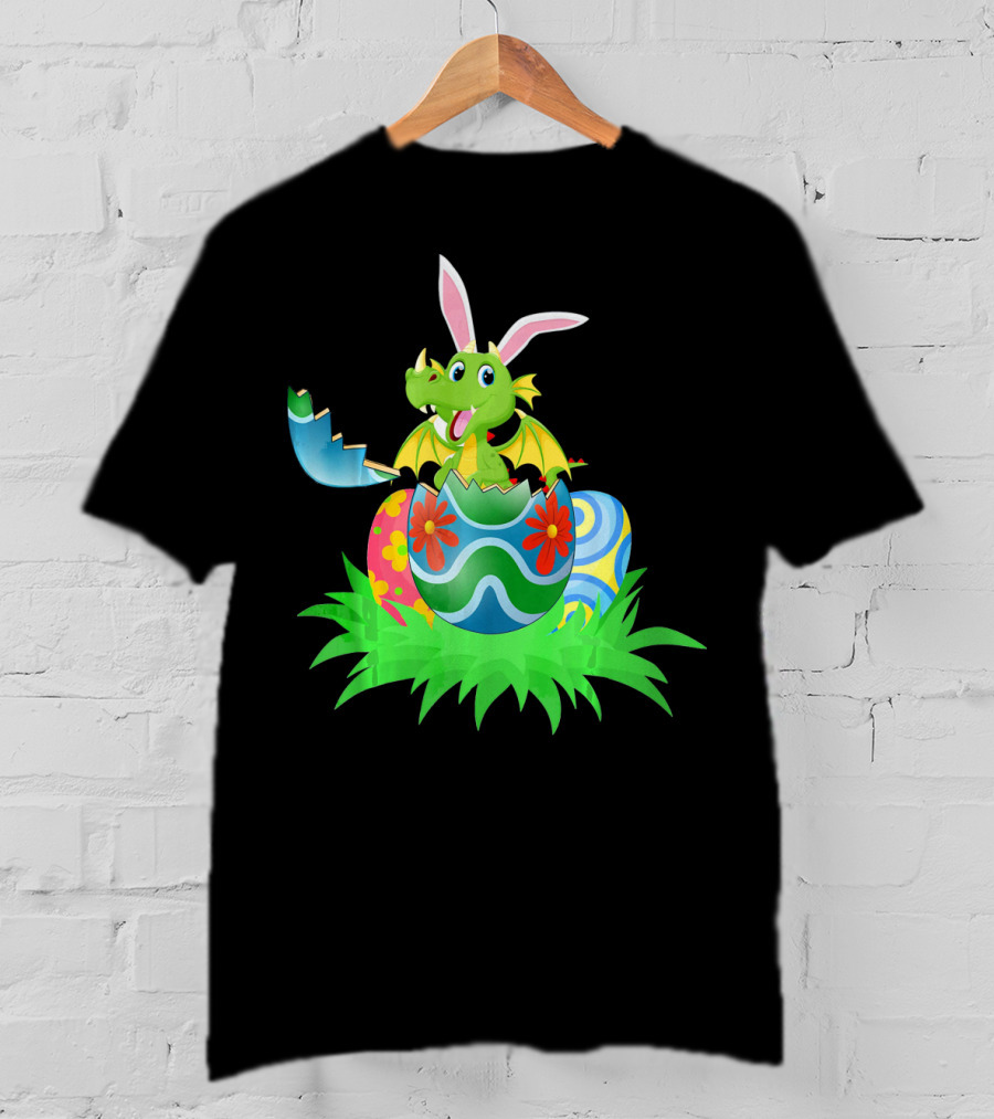 Easter Dragon Egg Hunt With Bunny Ears And Colorful Eggs In Grass T-Shirt
