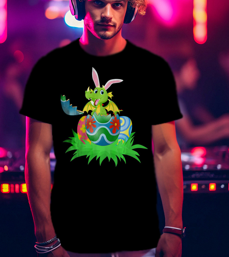 Easter Dragon Egg Hunt With Bunny Ears And Colorful Eggs In Grass T-Shirt