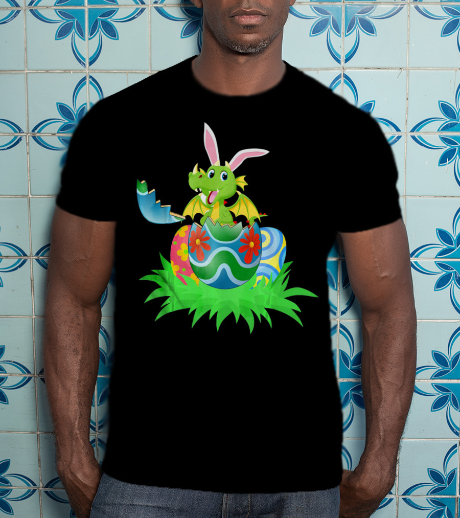 Easter Dragon Egg Hunt With Bunny Ears And Colorful Eggs In Grass T-Shirt