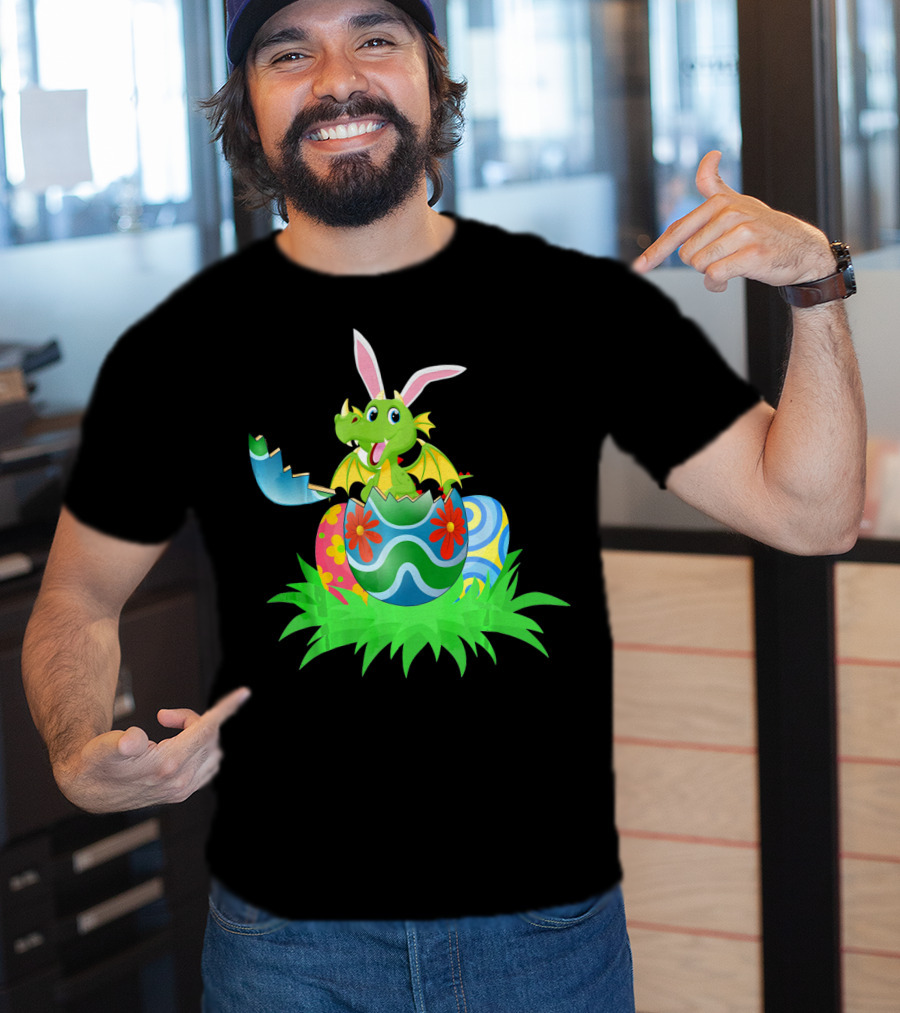 Easter Dragon Egg Hunt With Bunny Ears And Colorful Eggs In Grass T-Shirt