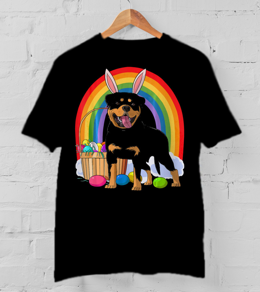 Rottweiler Bunny With Easter Eggs And Rainbow T-Shirt