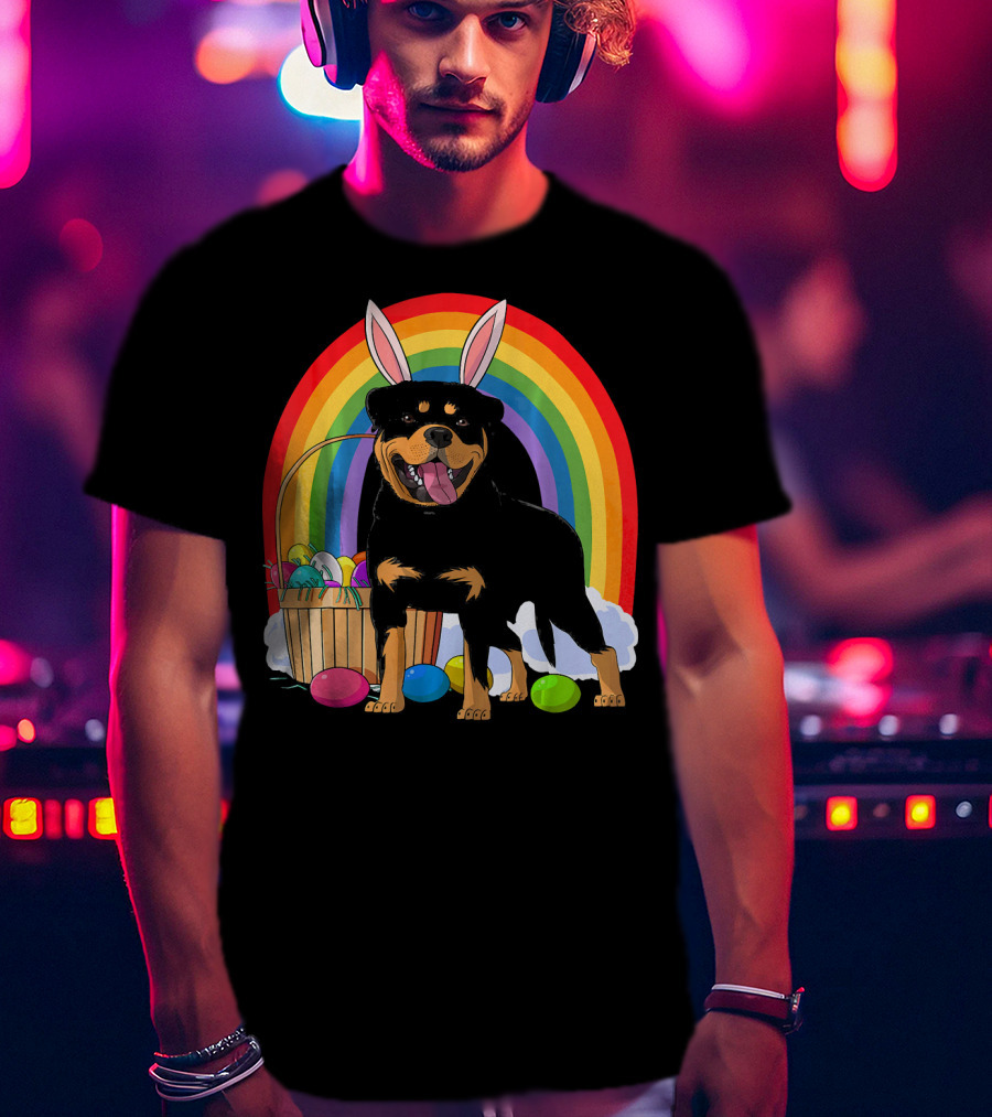 Rottweiler Bunny With Easter Eggs And Rainbow T-Shirt