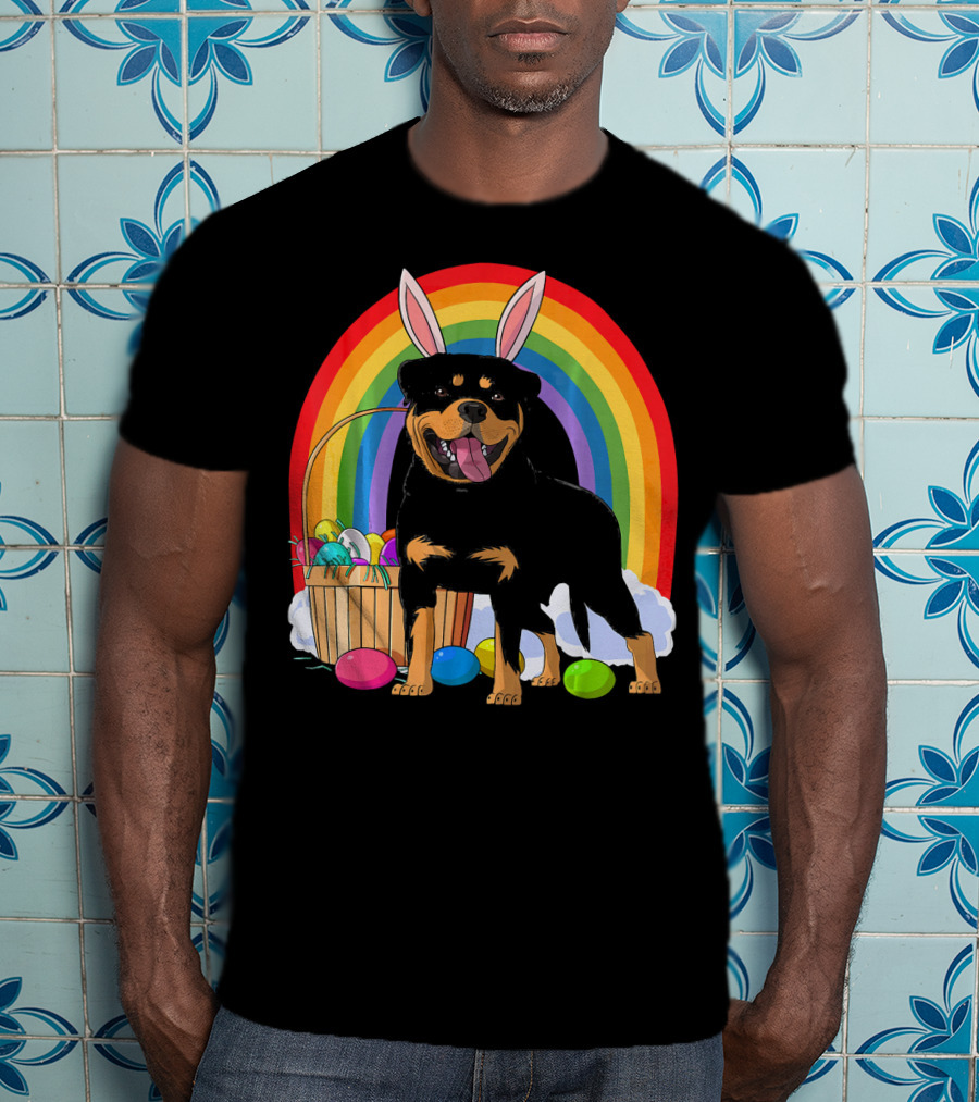 Rottweiler Bunny With Easter Eggs And Rainbow T-Shirt