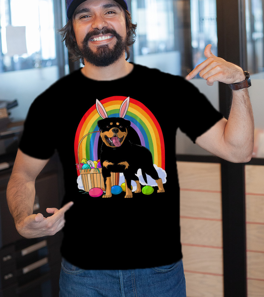 Rottweiler Bunny With Easter Eggs And Rainbow T-Shirt