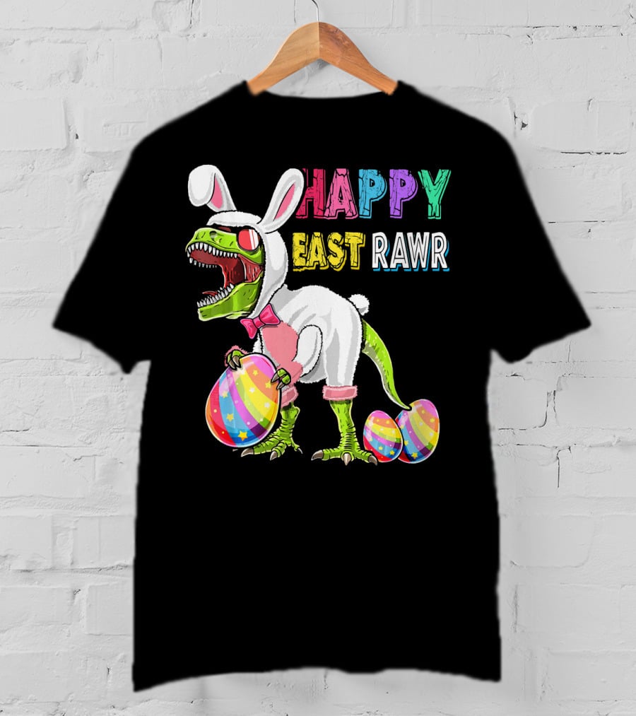 Happy Eastrawr Rex Dinosaur Easter Bunny Costume With Colorful Eggs T-Shirt