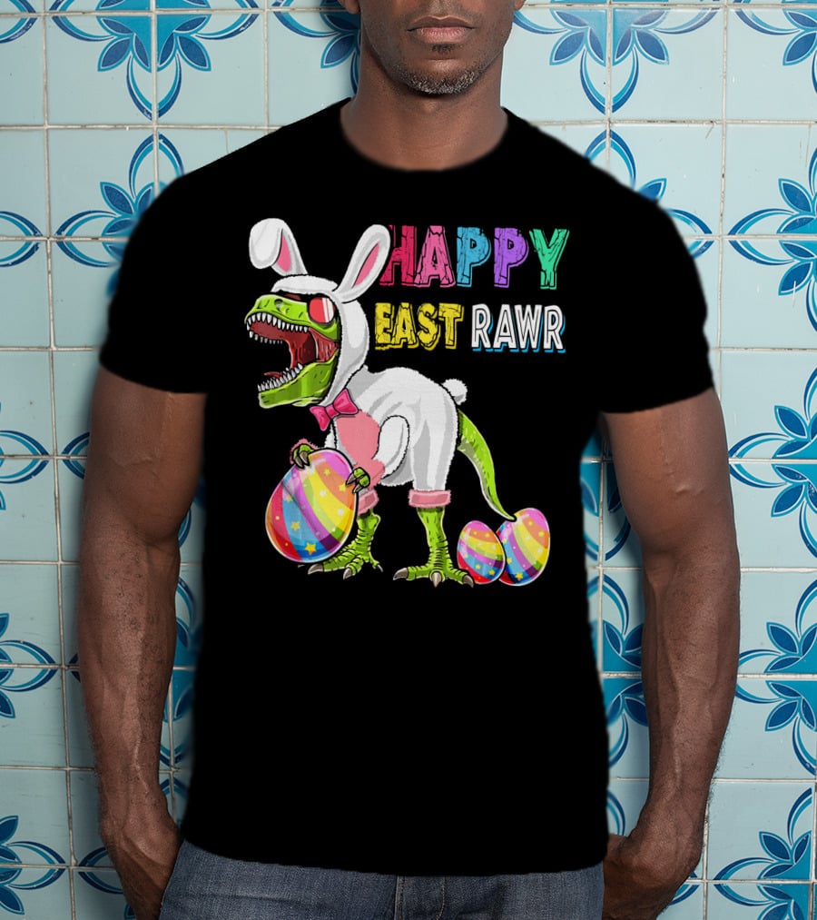 Happy Eastrawr Rex Dinosaur Easter Bunny Costume With Colorful Eggs T-Shirt