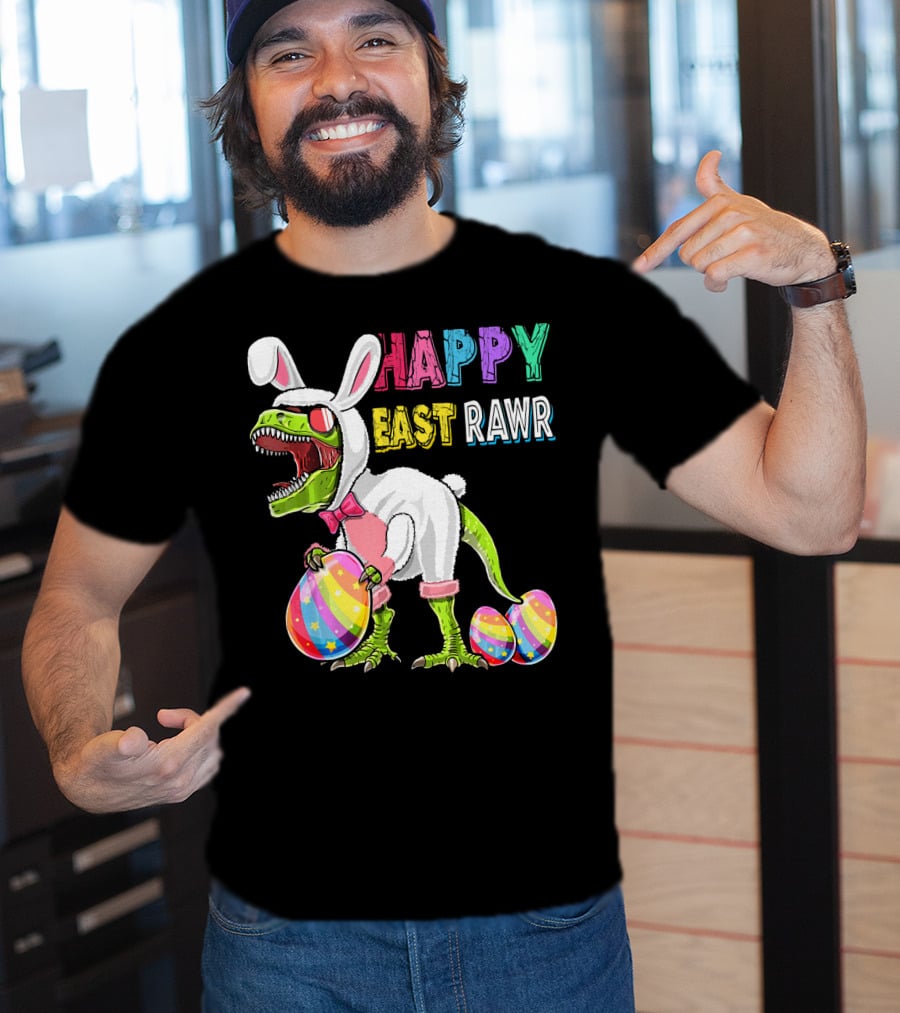 Happy Eastrawr Rex Dinosaur Easter Bunny Costume With Colorful Eggs T-Shirt