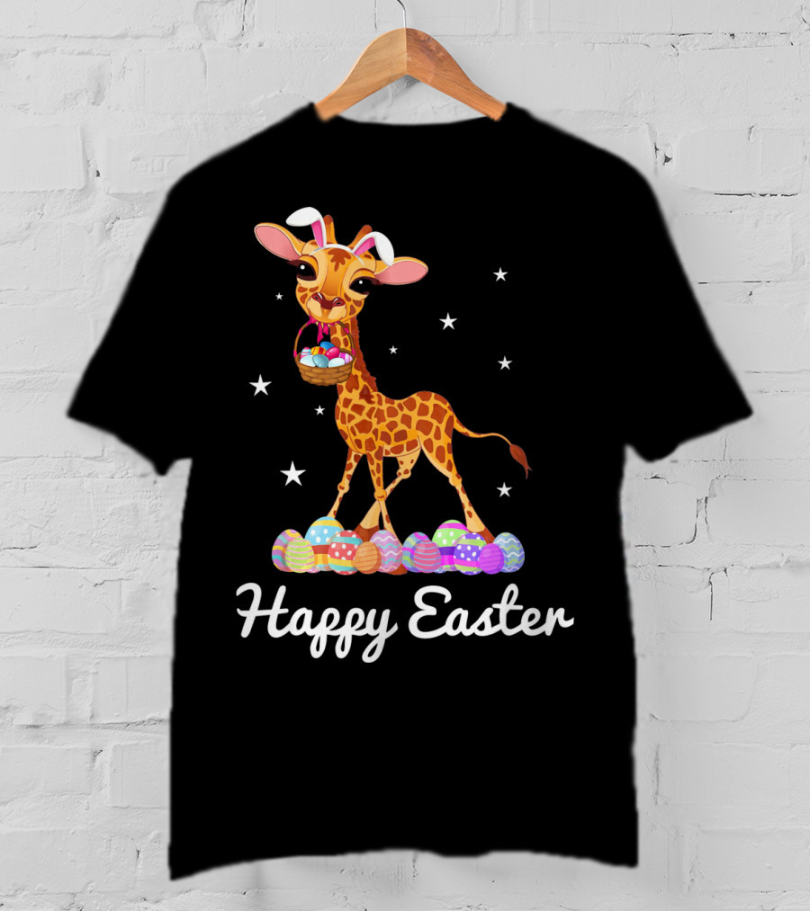 Happy Easter Giraffe With Bunny Ears And Colorful Eggs T-Shirt