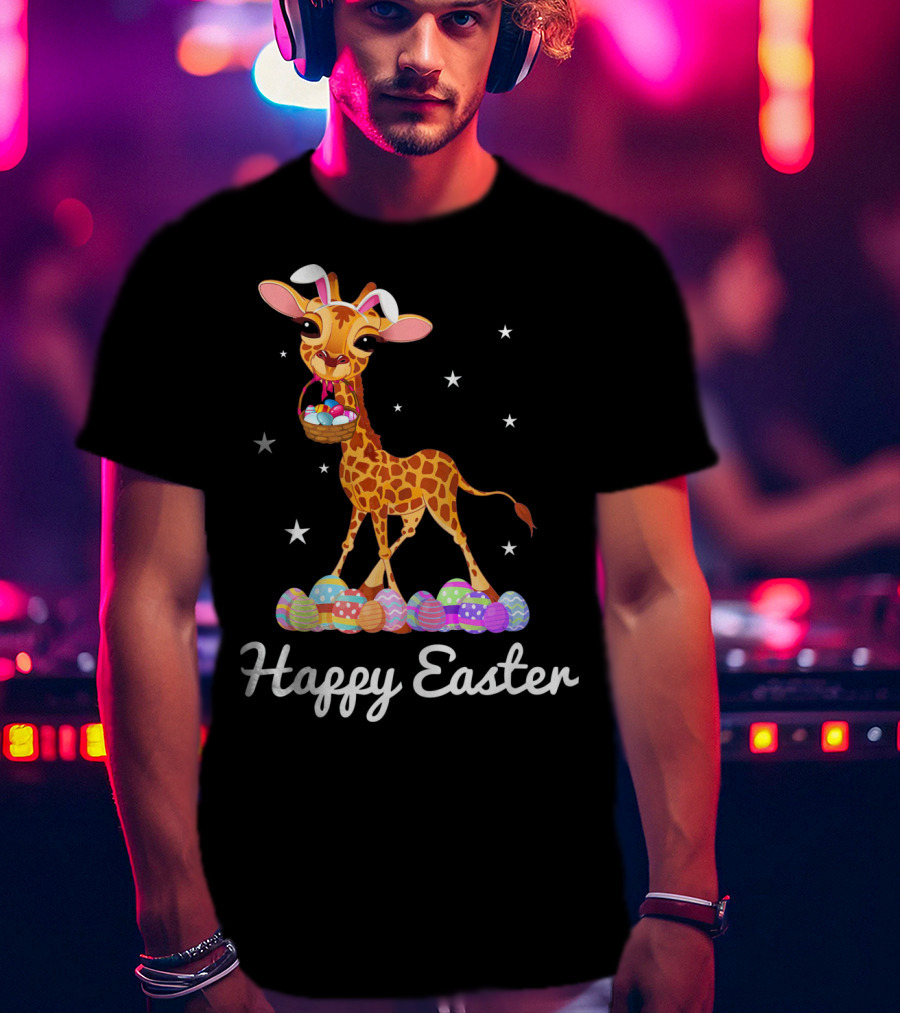 Happy Easter Giraffe With Bunny Ears And Colorful Eggs T-Shirt
