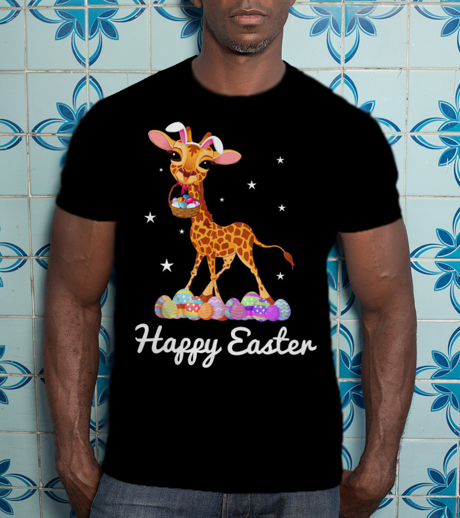 Happy Easter Giraffe With Bunny Ears And Colorful Eggs T-Shirt