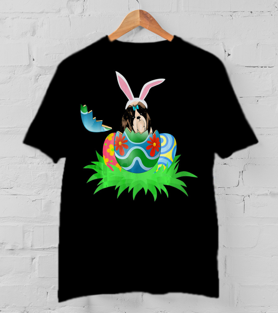 Easter Shih Tzu In Bunny Ears With Colorful Easter Eggs In Grass T-Shirt