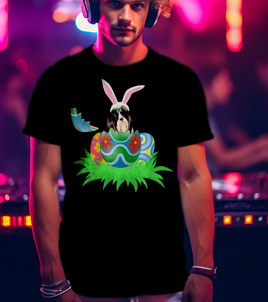 Easter Shih Tzu In Bunny Ears With Colorful Easter Eggs In Grass T-Shirt