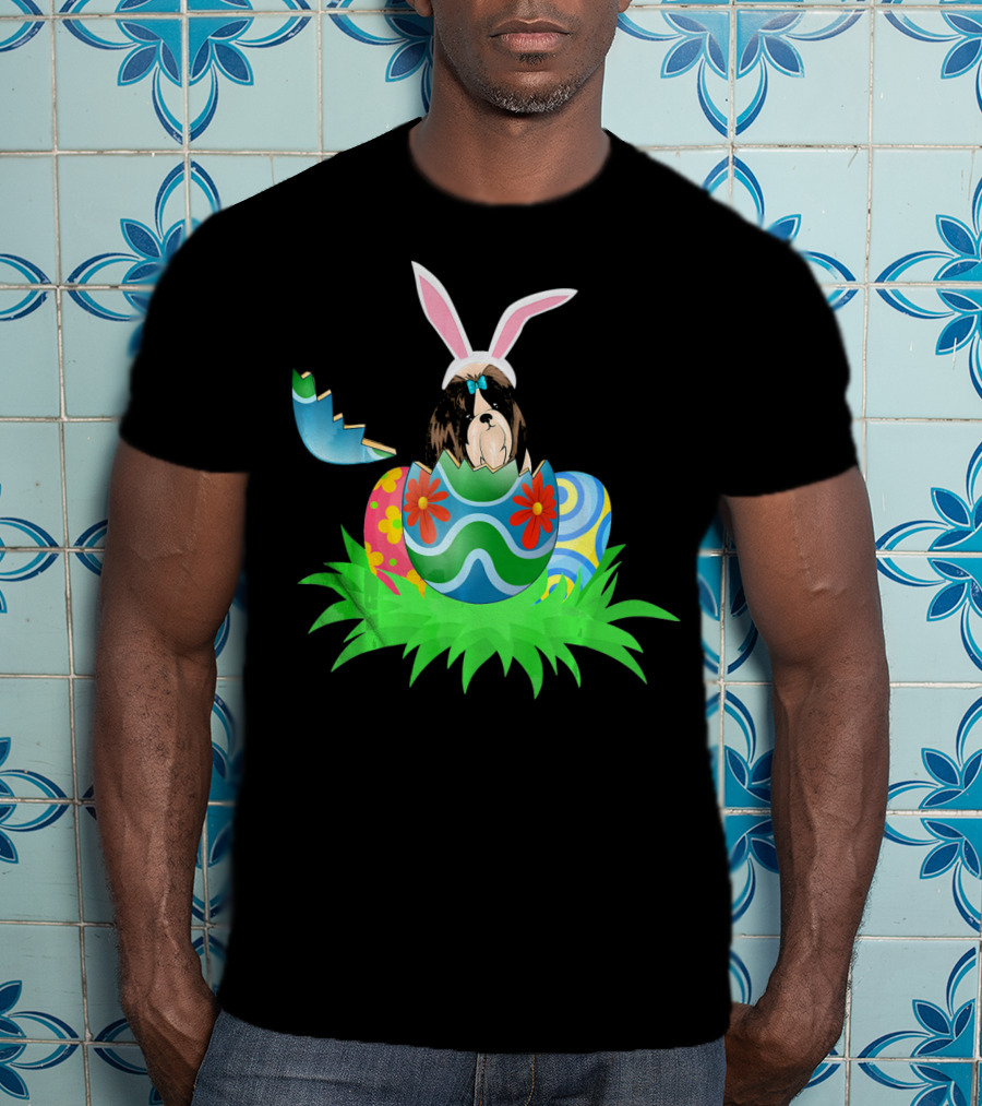 Easter Shih Tzu In Bunny Ears With Colorful Easter Eggs In Grass T-Shirt