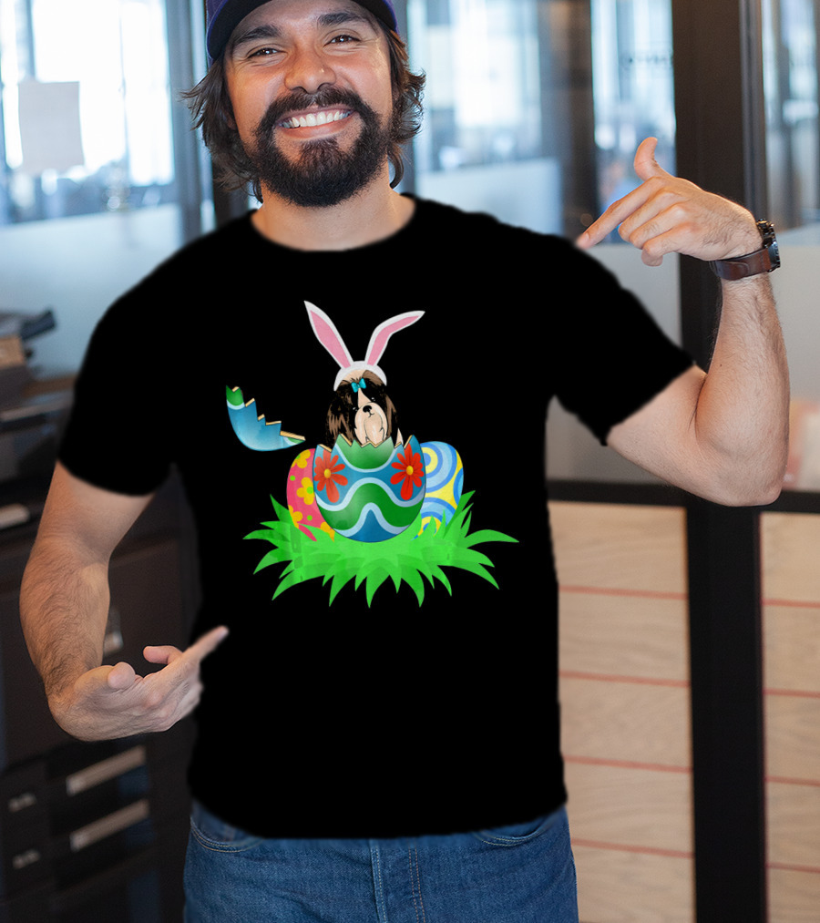 Easter Shih Tzu In Bunny Ears With Colorful Easter Eggs In Grass T-Shirt