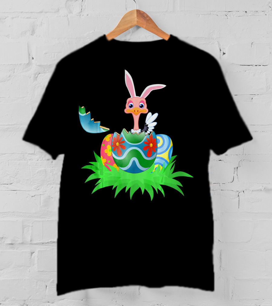 Easter Ostrich Hatching From Colorful Easter Egg With Bunny Ears And Flowers T-Shirt