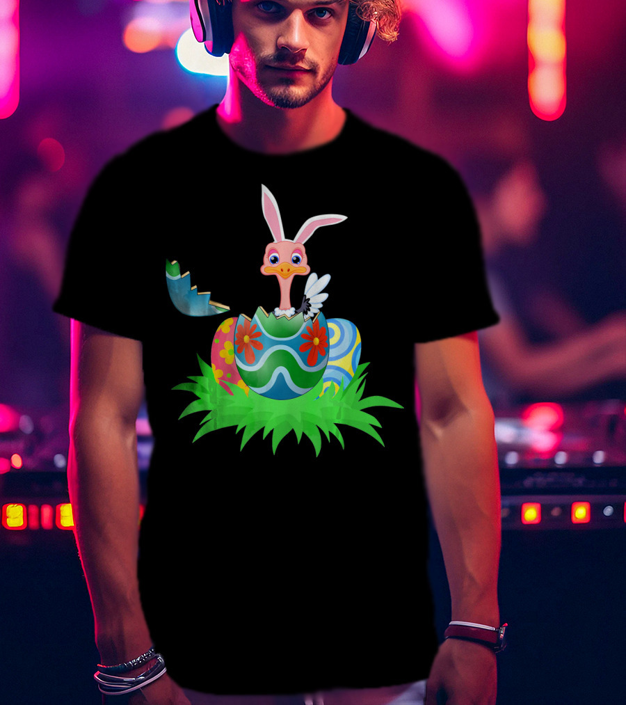 Easter Ostrich Hatching From Colorful Easter Egg With Bunny Ears And Flowers T-Shirt