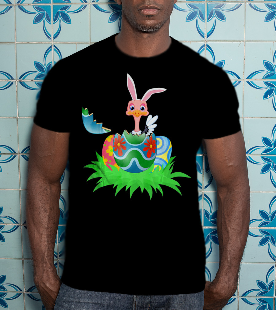 Easter Ostrich Hatching From Colorful Easter Egg With Bunny Ears And Flowers T-Shirt