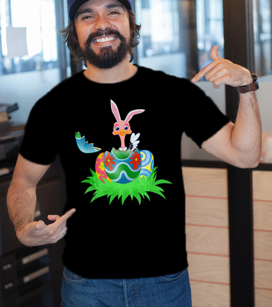 Easter Ostrich Hatching From Colorful Easter Egg With Bunny Ears And Flowers T-Shirt