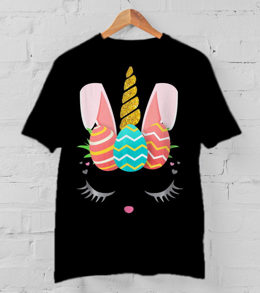 Bunnycorn Easter Bunny Rabbit Face Unicorn Ears Eggs Hearts T-Shirt