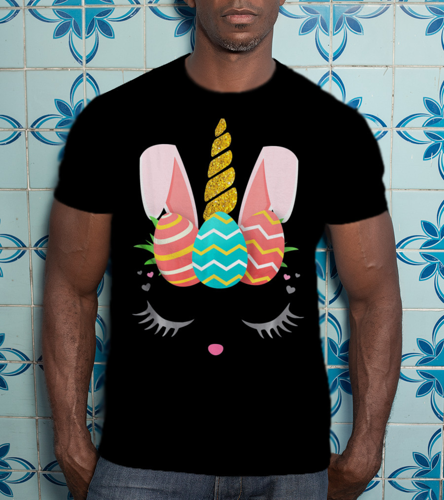 Bunnycorn Easter Bunny Rabbit Face Unicorn Ears Eggs Hearts T-Shirt