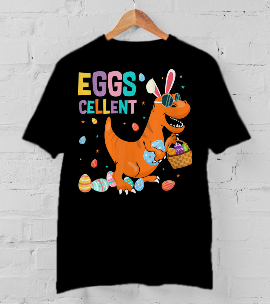 Eggscellent Easter Dinosaur With Bunny Ears And Eggs Basket T-Shirt