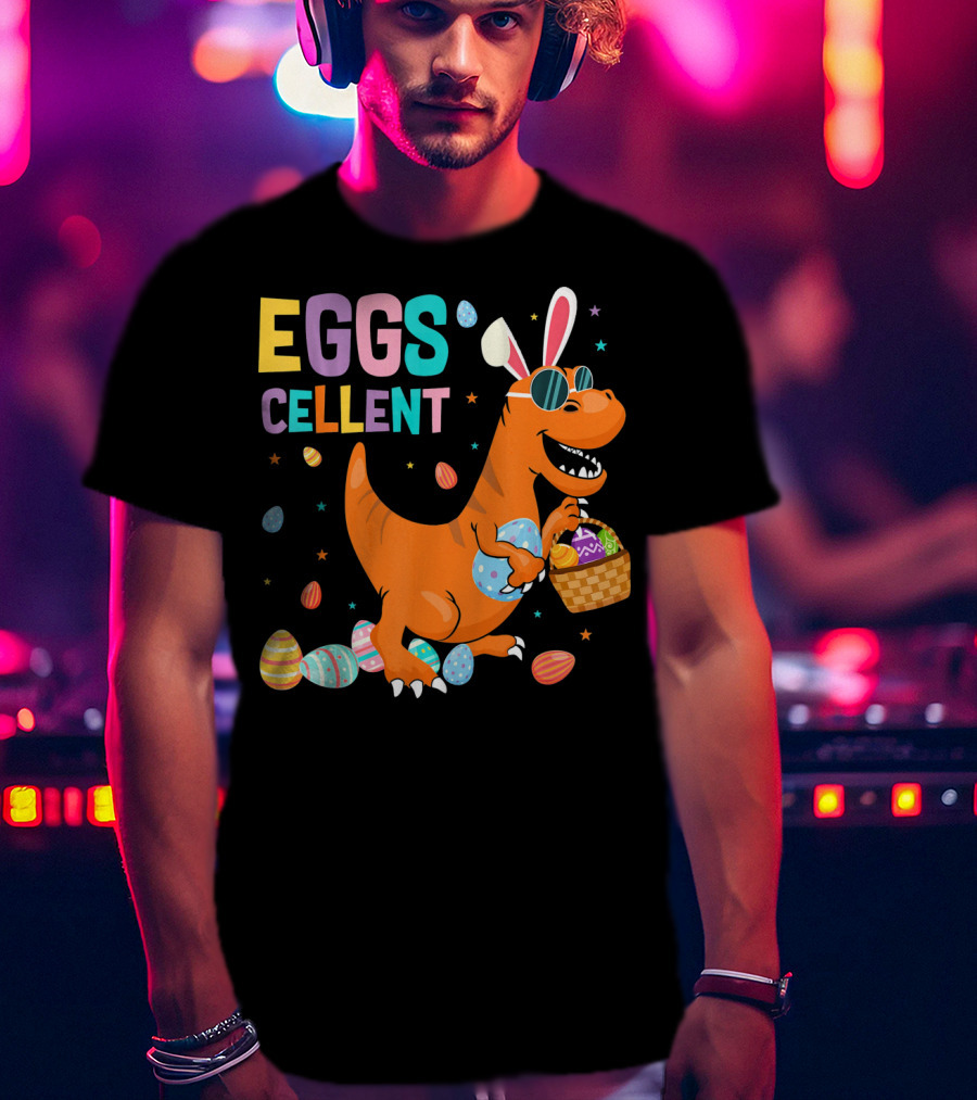 Eggscellent Easter Dinosaur With Bunny Ears And Eggs Basket T-Shirt