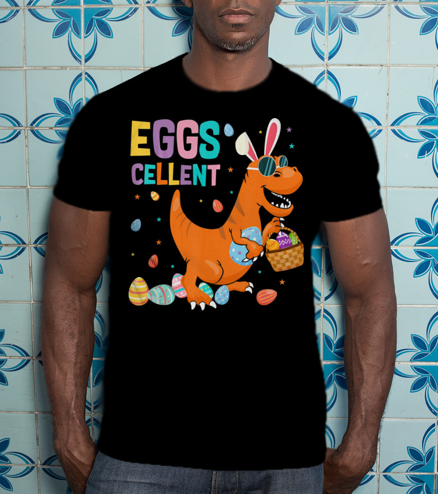 Eggscellent Easter Dinosaur With Bunny Ears And Eggs Basket T-Shirt