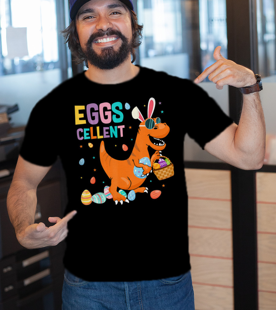 Eggscellent Easter Dinosaur With Bunny Ears And Eggs Basket T-Shirt